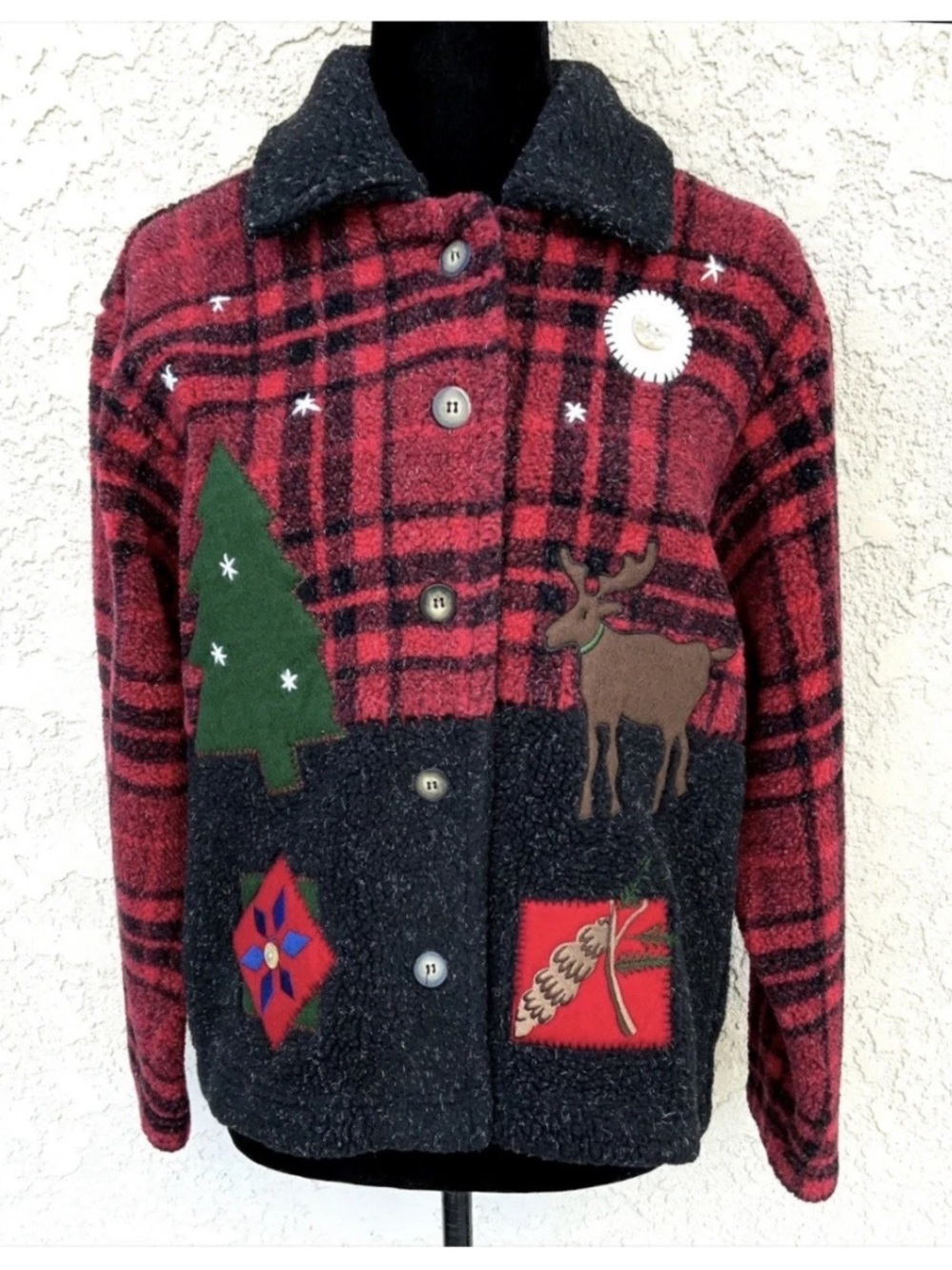 Vintage Talbots Plaid Fleece Holiday Jacket PS Red Black Christmas Appliqué